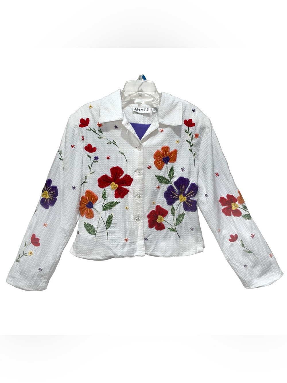 VTG Agane Floral Embroidered Sz M Cotton Blazer Jacket Bloomcore Garden Waffle